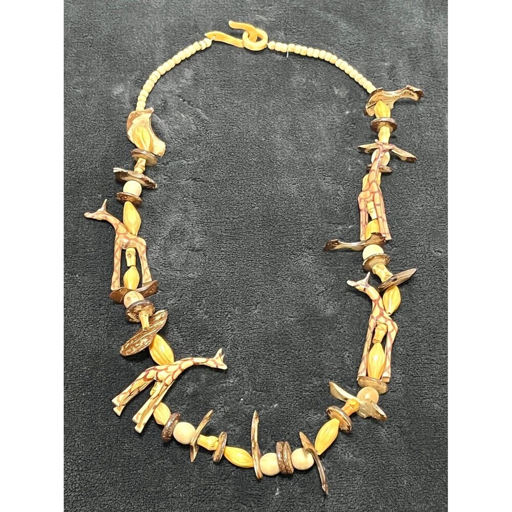 Vintage African Fetish Giraffe Bohemian Statement Handcrafted Wood Necklace